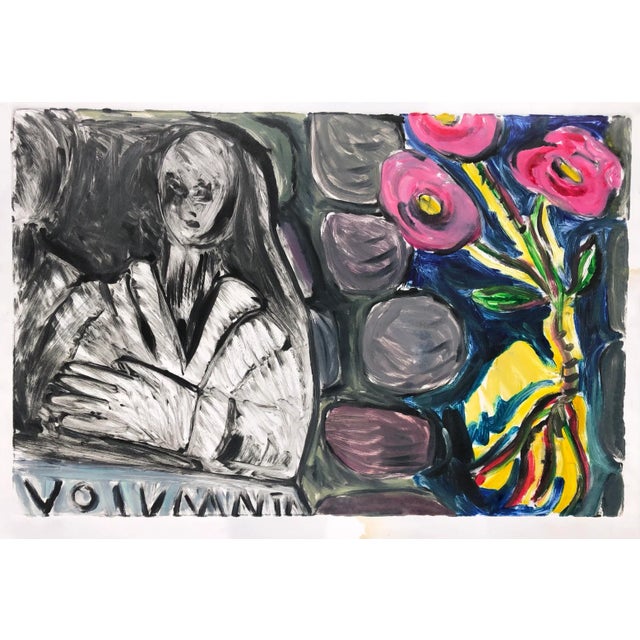 1980s Adrienne Anderson Monoprint With Flowers and Figure For Sale