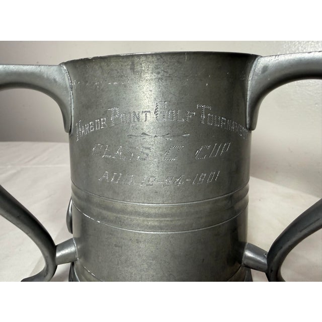 Up for sale is a rare antique 1901 pewter golf trophy/oversized mug. This lovely 3 handle style trophy by Manning Bowman...