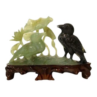 Vintage Carved Jade Birds on Wood Stand For Sale