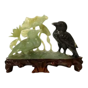 Vintage Carved Jade Birds on Wood Stand