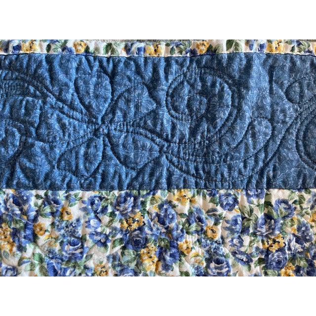 1990s Folk Art Handmade Triangle Flower Design Yellow Blue Quilt - 4' X 4' For Sale In Santa Fe - Image 6 of 6
