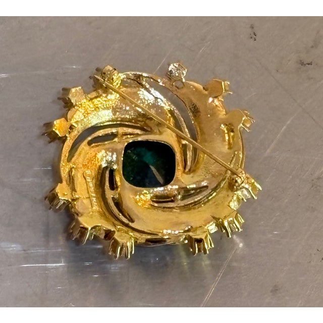 Nina Ricci Nina Ricci Gold Tone/Green Rhinestone Swirl Brooch For Sale - Image 4 of 5