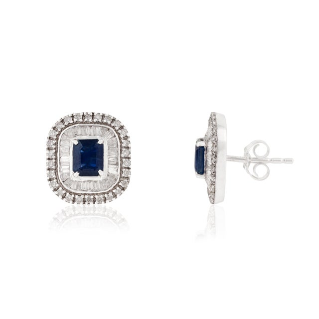 Metal Blue Sapphire & Diamond Art Deco Earrings in 14k Gold- 2 Pieces For Sale - Image 7 of 14