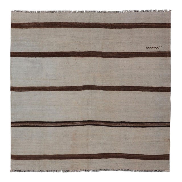 Ivory Ground Vintage Turkish Kilim Rug With Brown Stripes Wool Design For Sale