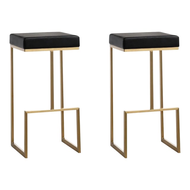 Ferrara Black Vegan Leather & Gold Steel Bar Stools - Set of 2 For Sale