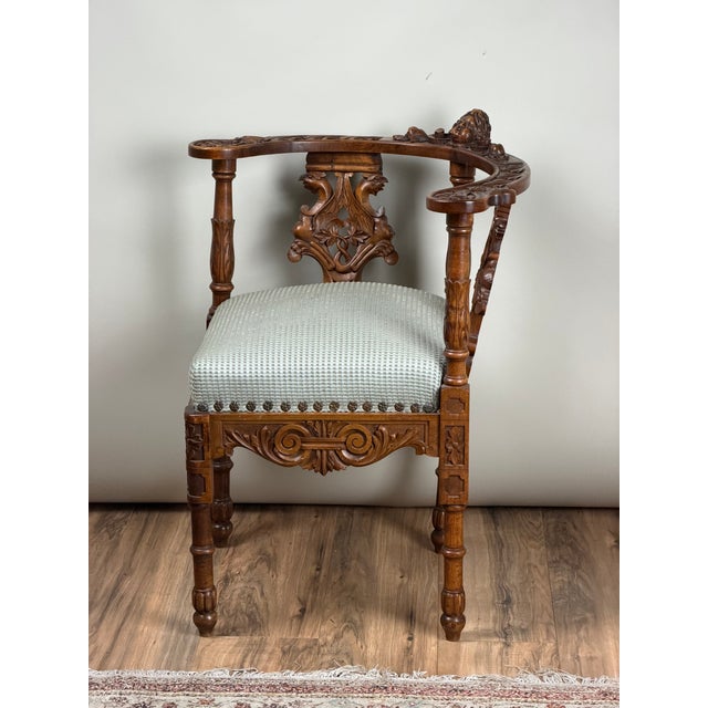 Italian Renaissance Revival Carved Walnut Corner Chair, c.1880 For Sale - Image 4 of 11