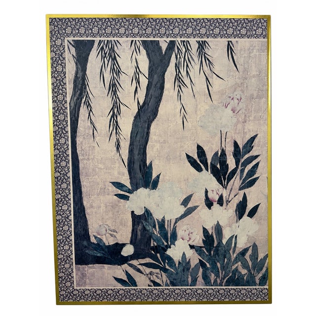 Metal Late 20th Century Chinoiserie Floral and Willow Artwork in Black and Gold-Tone Frame For Sale - Image 7 of 9