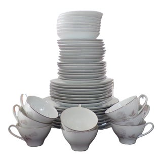 1960s Noritake China Rosay Pattern 6216 Dinnerware Setting For 12 With Lots of Platinum Trim- 73 Pieces For Sale