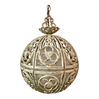 Mid-Century White and Gold Metal Filigree Sphere Pendant Light For Sale