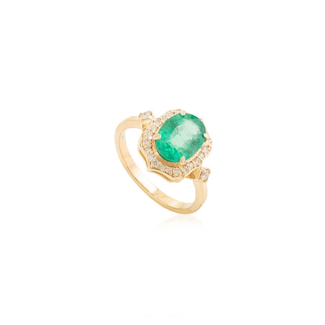 Art Deco Estate 1.69 Ct Emerald & Diamond Halo 14k Yellow Gold Cocktail Ring Size 5 For Sale - Image 3 of 14