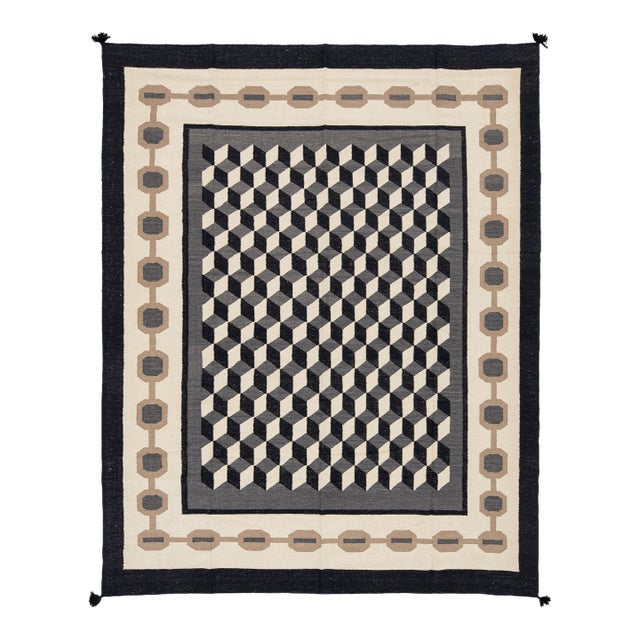 Contemporary Navajo Style Geometric Wool Area Rug – Optical Cubes in Charcoa For Sale