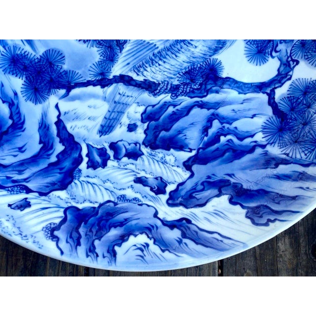 Mid 20th Century Monumental Japanese Blue & White Porcelain Charger With Hawk & Pine Landscape For Sale - Image 10 of 15