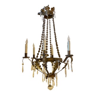 1950s Gilded Metal Chandelier With Wooden Beads For Sale