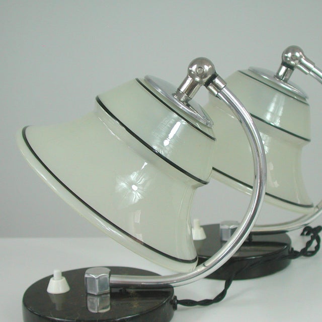 German Art Deco Enameled Satin Glass, Marble and Aluminum Table Lamps, 1930s, Set of 2 For Sale - Image 15 of 18
