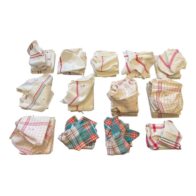 French Kitchen Table Towels in Linen Canvas with Embroidery, 1920s, Set of 82 For Sale