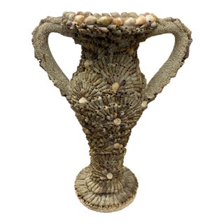 1920s French Decorative Terra Cotta Vase Encrusted With Sand & Tiny Sea Shells For Sale