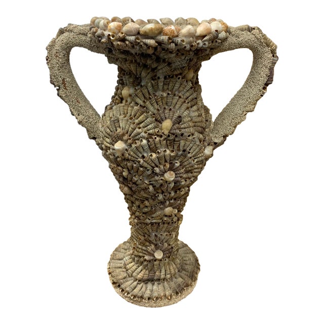 1920s French Decorative Terra Cotta Vase Encrusted With Sand & Tiny Sea Shells For Sale