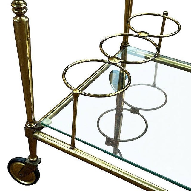 Metal Mid-Century Regency French Solid Brass & Glass Bar Cart W/ Bottle Holder For Sale - Image 7 of 11