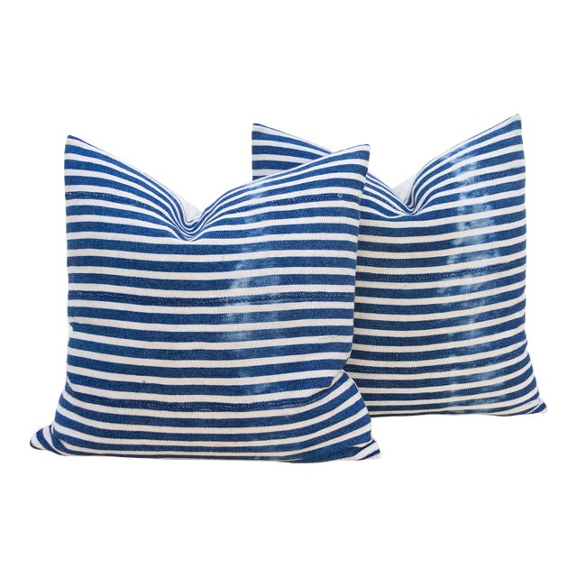 Coastal Stripe, Pair of Vintage Indigo Striped Pillows For Sale