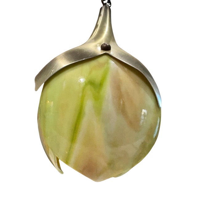 Green Mid Century Modern Slag Glass & Aluminum 1-Light Pendant, Ca. 1940 Swag Lotus Tulip Pendant Light Fixture For Sale - Image 8 of 10