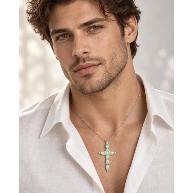 Modern Late 20th Century One of a Kind 18k White Gold Chrysoberyl Cross Cats Eye Pendant Necklace For Sale - Image 3 of 6