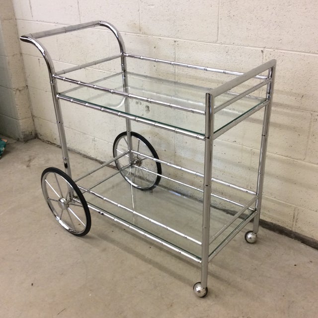 Mid-Century Modern Italian Style Faux Bamboo Chrome Bar Cart For Sale - Image 3 of 10