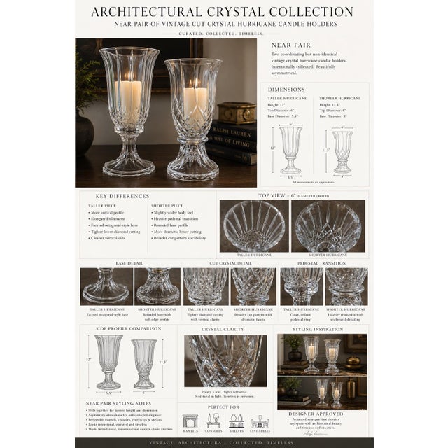 Hollywood Regency Near Pair of Vintage Heavy Cut Glass Hurricane Candle Holders on Pedestal Bases For Sale - Image 3 of 3