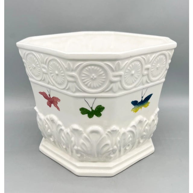 Hollywood Regency Vintage Italian White Ceramic Cachepot With Colorful Butterflies — Neoclassical / Hollywood Regency For Sale - Image 3 of 16