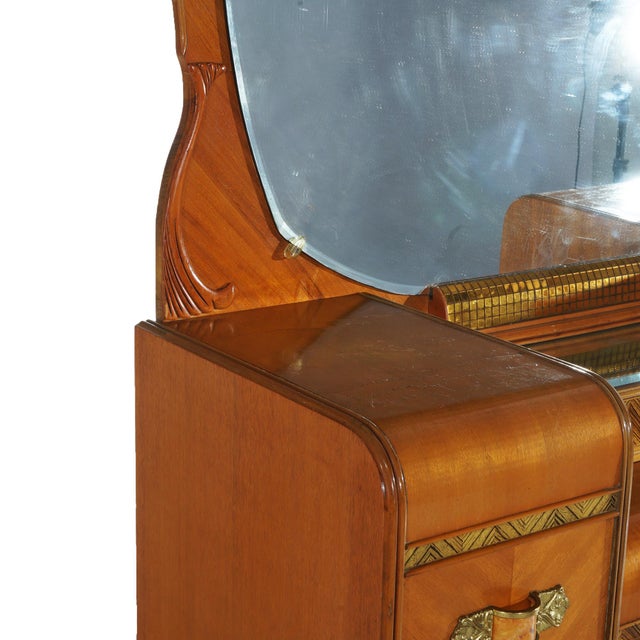 Mid-Century Modern Vintage Waterfall Carved Satinwood Dressing Table with Bakelite Handles c1940 For Sale - Image 3 of 12