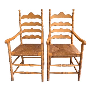 Boling Chair Company Ladder Back Rush Seat Arm Chairs - A Pair For Sale
