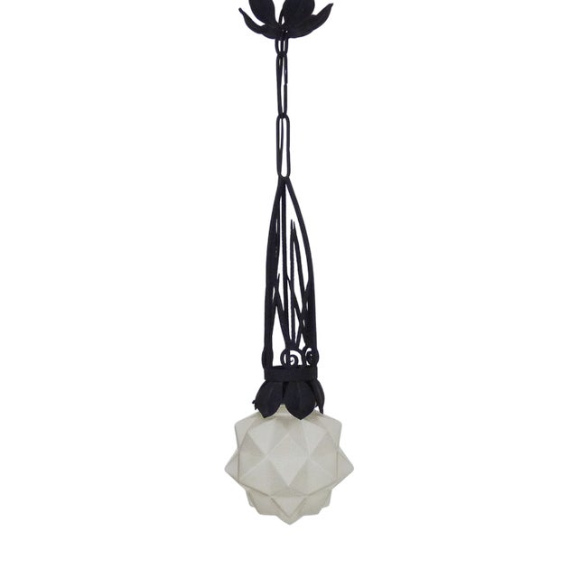 Art Deco Pendant in Wrought Iron and Star Globe in Glass Paste, 1930s For Sale