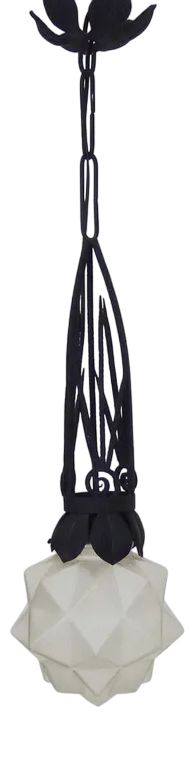 Art Deco Pendant in Wrought Iron and Star Globe in Glass Paste, 1930s