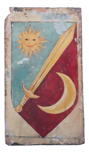 16th Century Renaissance Ceramic Tile with Heraldic Coat of Arms with Sun and Moon from the Abbey of Mirasole Milan, Italy