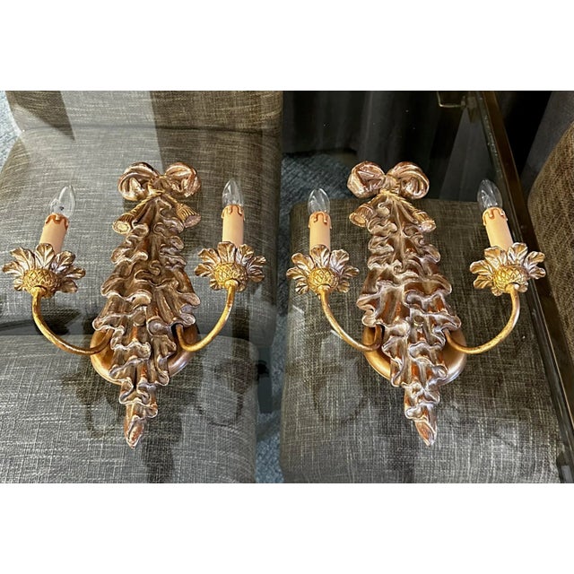 1960s Pair Italian Neo Classic Carved Ribbon Draped Wall Sconces For Sale - Image 5 of 12