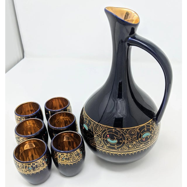 Vintage 1980s Regency Navy Blue and Gold Carafe & Shot Glass Set - 7 Pieces For Sale - Image 13 of 13