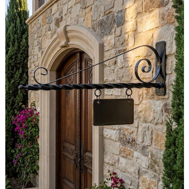 Metal Vintage Wrought Iron Twisted Barber Pole Style Hanging Sign Holder For Sale - Image 7 of 11