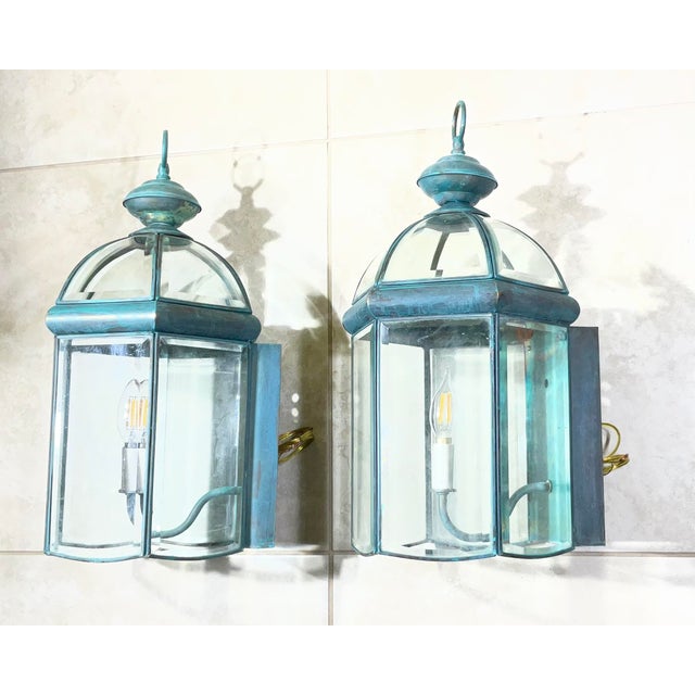 Turquoise Exquisite Pair of Solid Brass & Verdigris Wall Lanterns For Sale - Image 8 of 17