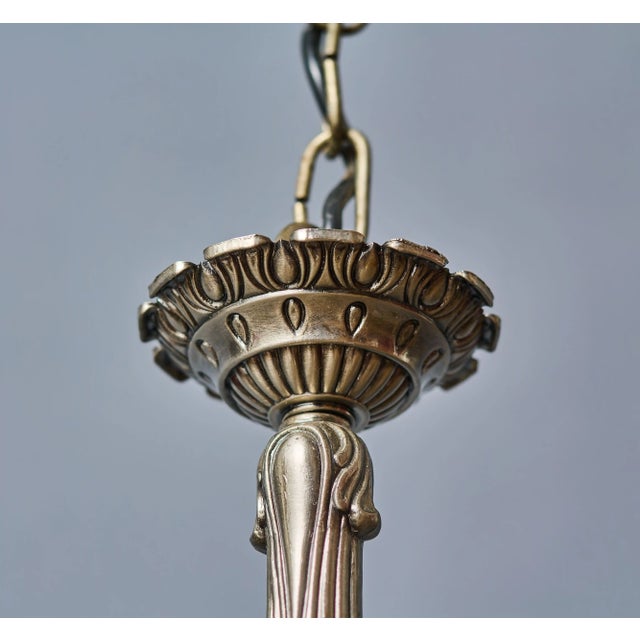 White Brass 12-Arm Chandelier with Rose-Shaped Glass Shades For Sale - Image 9 of 11