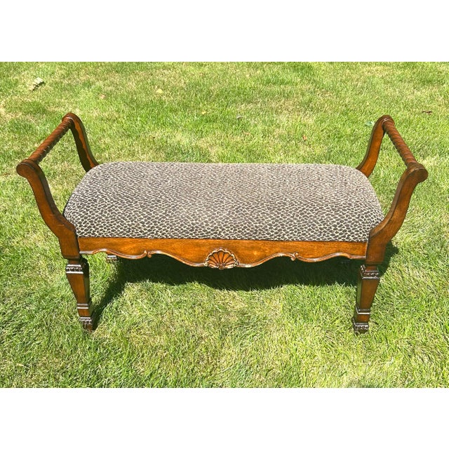 Late 20th Century Vintage, Neoclassical-Style, Animal Print Upholstered, Window Bench, With Shell and Barley Twist Accents For Sale - Image 5 of 11