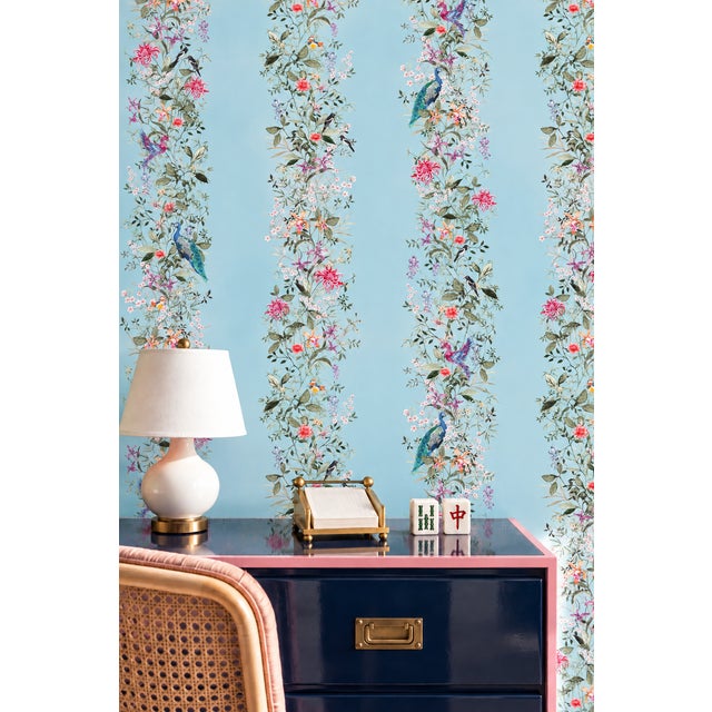 Mahjong Floral Stripe Grasscloth Wallpaper by House Party | Bam Blue | 6 Yards For Sale In Charlotte - Image 6 of 11