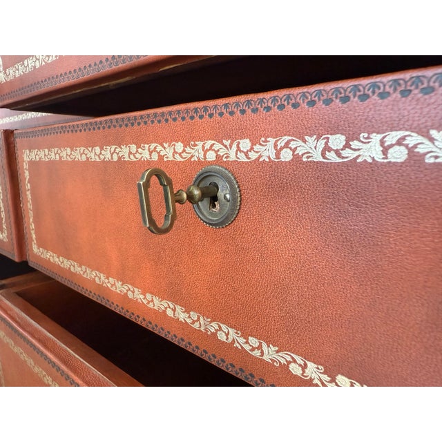 Early 20th Century Chippendale Style Orange Tooled Leather Commode Chest of Drawers, Desk For Sale - Image 14 of 18