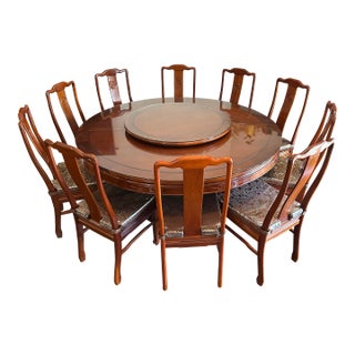 Vintage Burmese Rosewood Mid-Century Chinese Round Dining Table & 10 Chairs Set With Lazy Susan For Sale