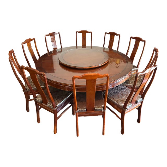 Vintage Burmese Rosewood Mid-Century Chinese Round Dining Table & 10 Chairs Set With Lazy Susan For Sale