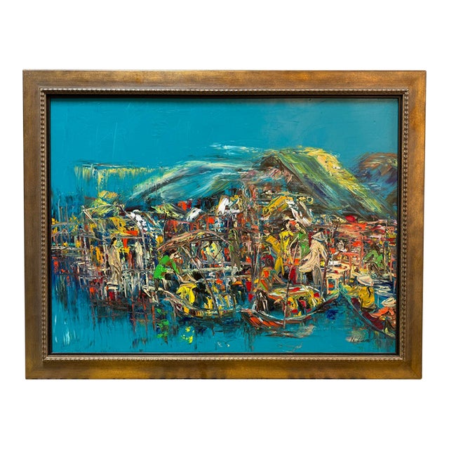 Nguyen Lam Abstract Expressionist Harbor Scene Original Oil Painting, Signed For Sale