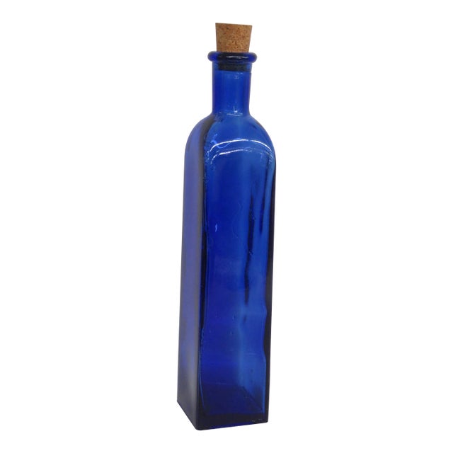 Tall Slim Cobalt Blue Glass Bottle Vintage Style With Cork Stopper 4717b For Sale