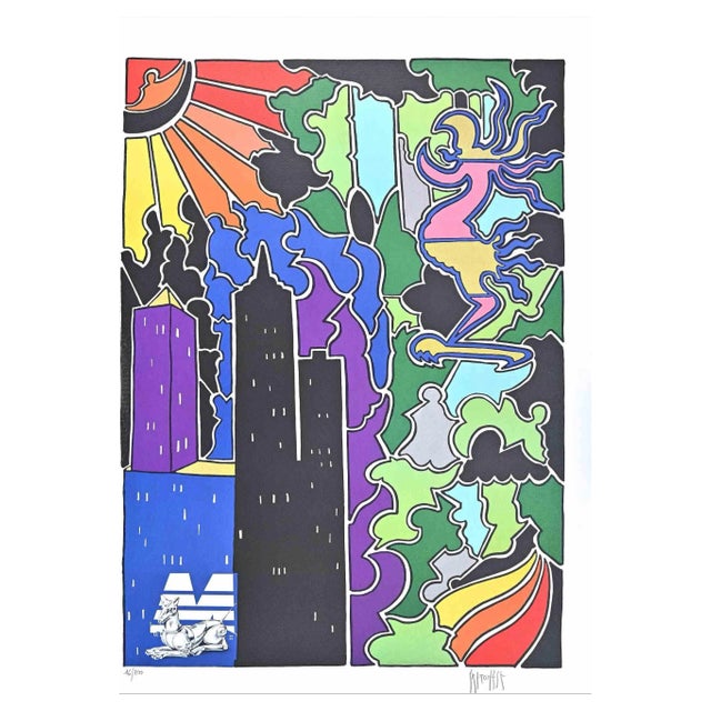 Antonio Cremonese, Abstract Urban Landscape, Lithograph, 1980s For Sale