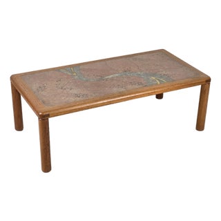 1970s Danish Teak Coffee Table With Tile Top & Brass Accents For Sale
