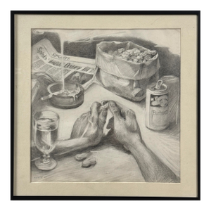Vintage Realist Artist Pov Still Life With Beer, Cigarette, and Peanuts, Signed (1987, Graphite on Paper)