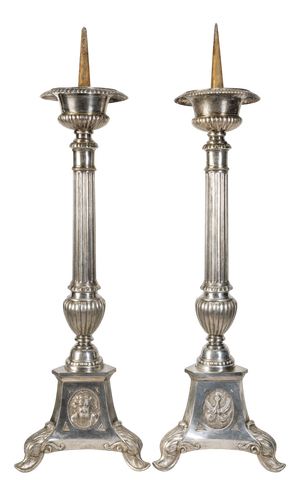 French Silver-Plated Altar Candlesticks, Set of 2