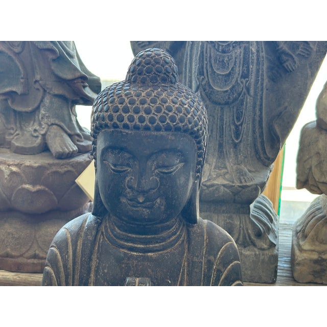 24" Distressed Black Brown Cross Legs Peaceful Hands Stone Buddha Statue For Sale - Image 11 of 13